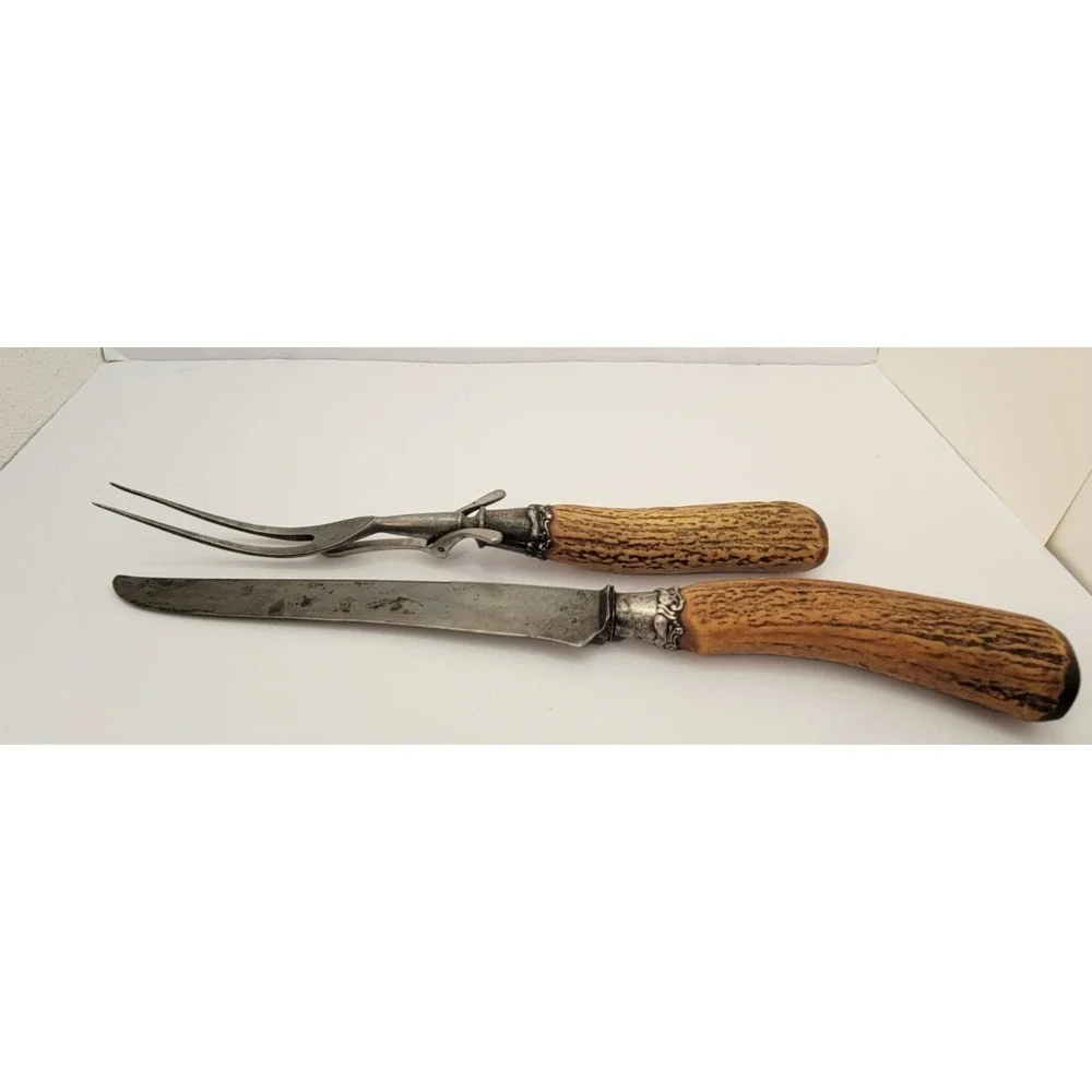 Antique Landers Frary Clark Stag Antler Carving Knife Fork Set Aetna Works
